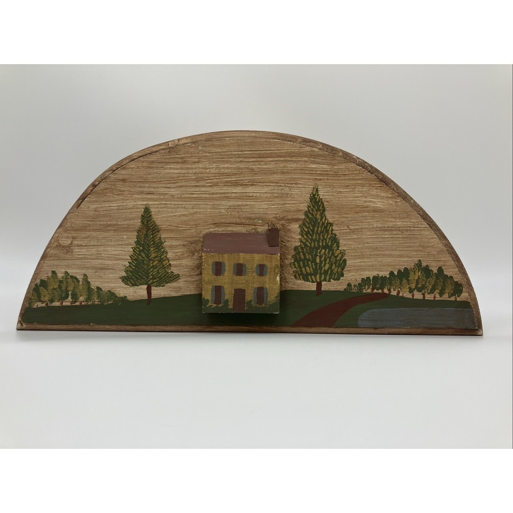 Hand Painted Half Moon Country Scene‎ Wooden Wall Hanging Primitive 3D Folk Art